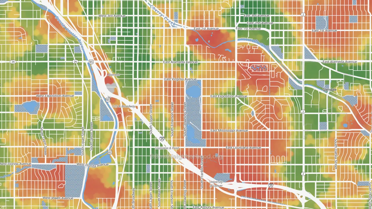 Walk Grade map of Washington Park, Denver, CO, walkable areas in green and car-dependent areas in red