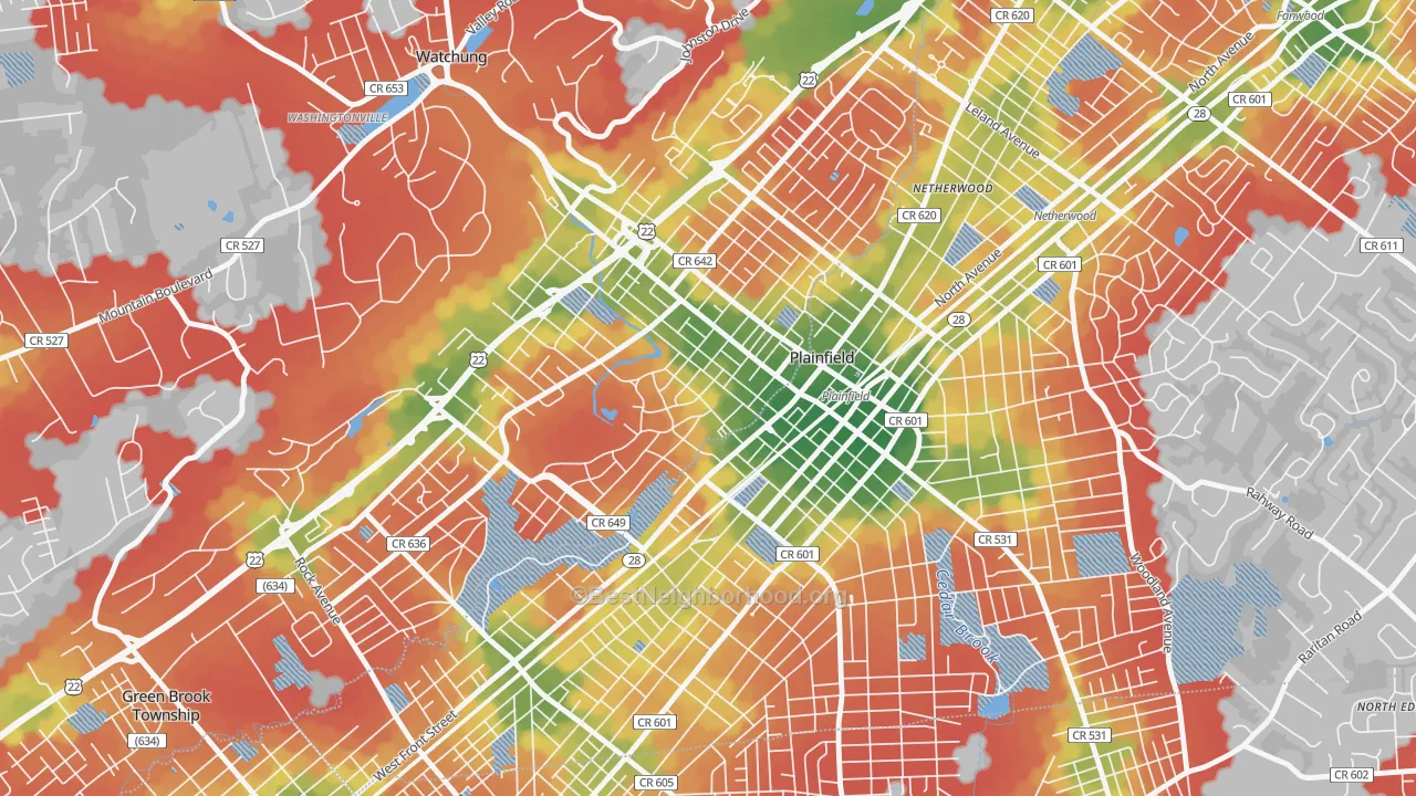 Walk Grade map of Washington Park Historic District, North Plainfield, NJ, walkable areas in green and car-dependent areas in red