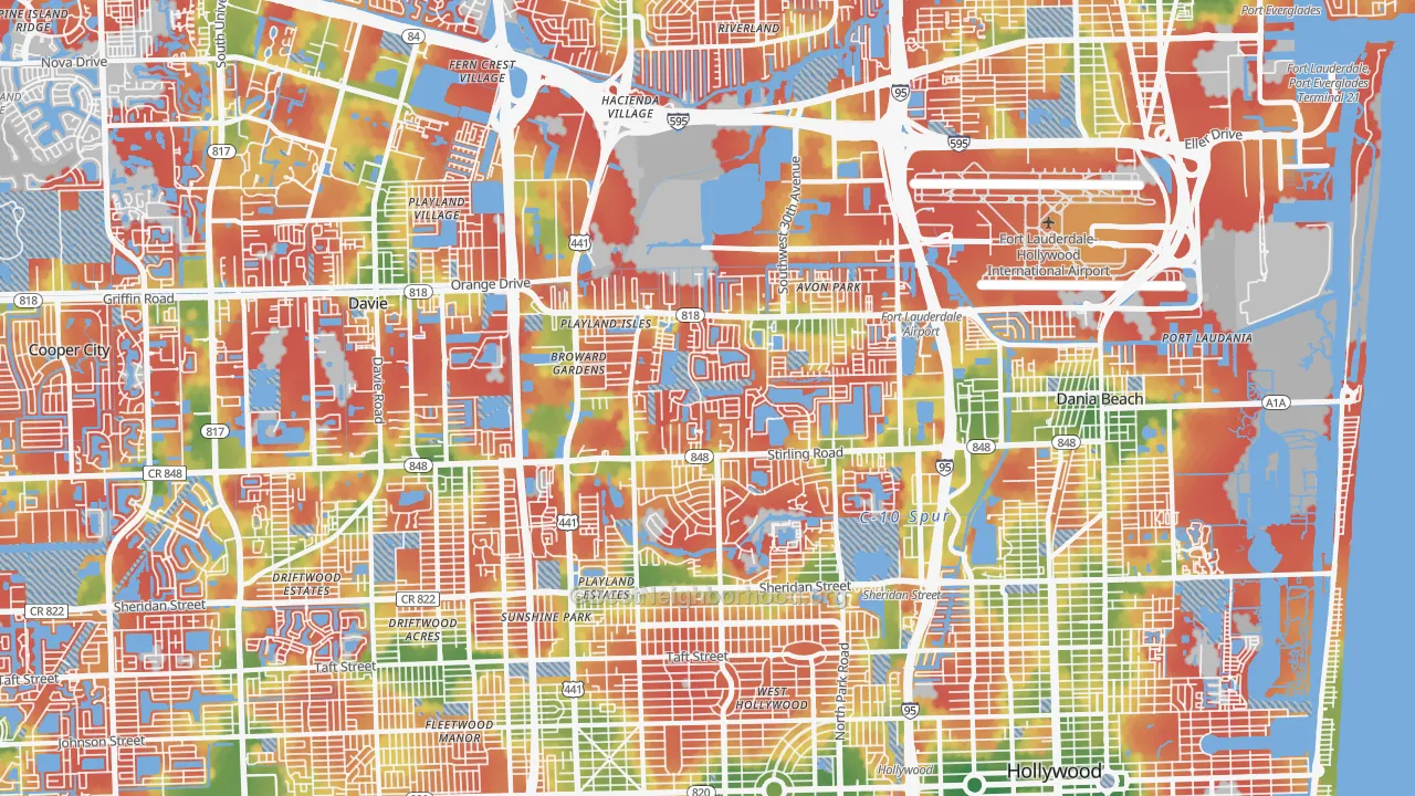 Walk Grade map of Washington Park, Hollywood, FL, walkable areas in green and car-dependent areas in red