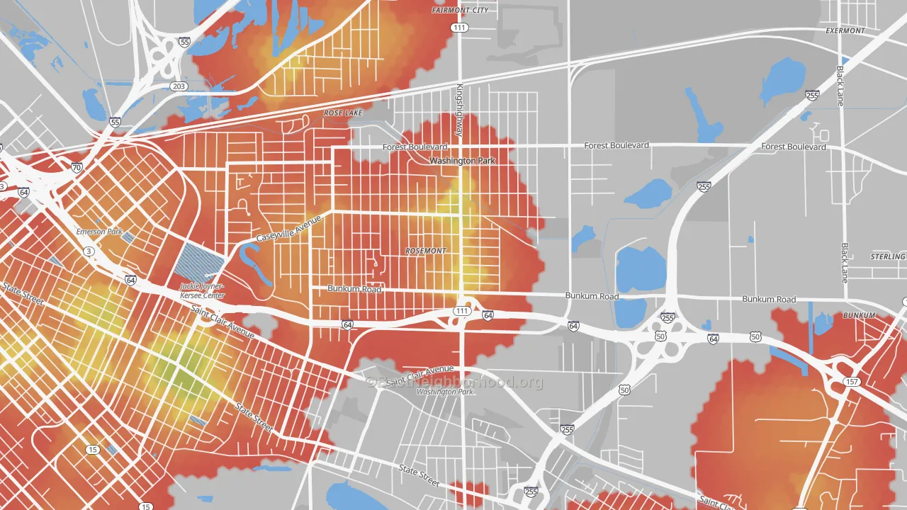Walk Grade map of Washington Park, IL, walkable areas in green and car-dependent areas in red