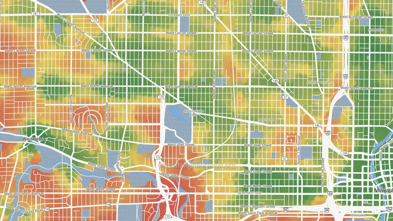 Walk Grade map of Washington Park, Milwaukee, WI, walkable areas in green and car-dependent areas in red