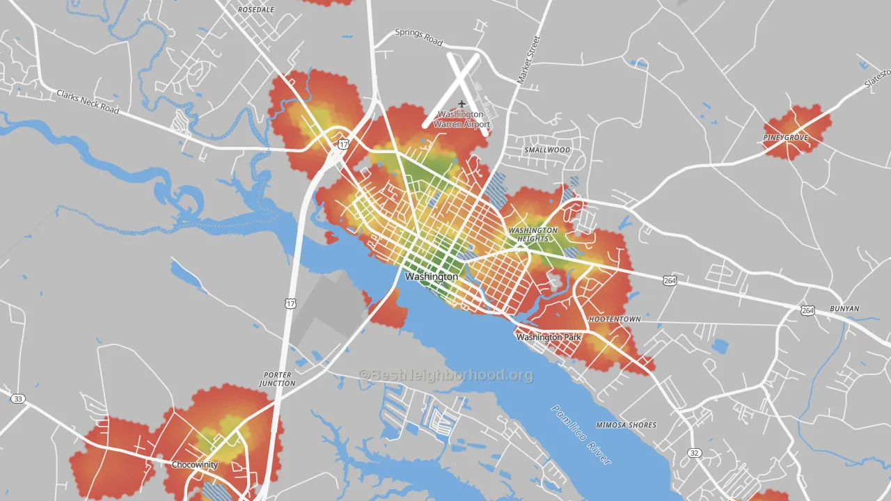 Walk Grade map of Washington Park, NC, walkable areas in green and car-dependent areas in red