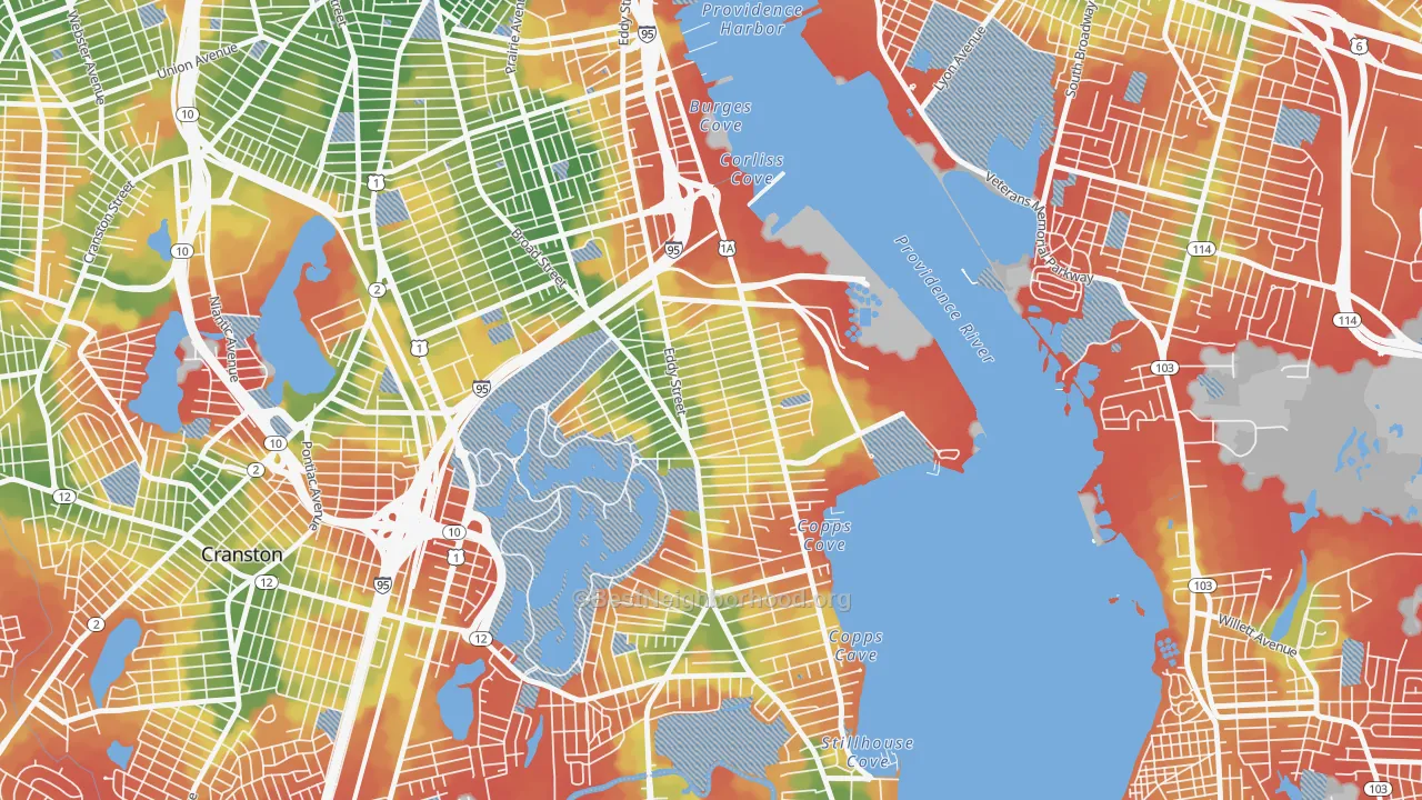 Walk Grade map of Washington Park, Providence, RI, walkable areas in green and car-dependent areas in red