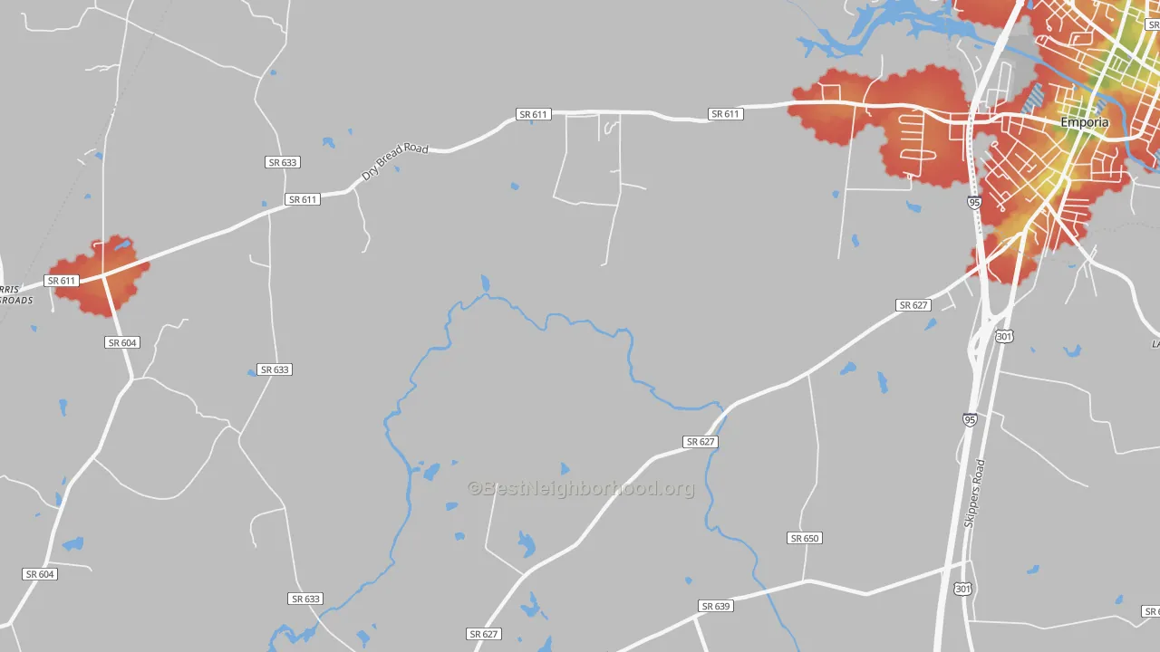 Walk Grade map of Washington Park, VA, walkable areas in green and car-dependent areas in red