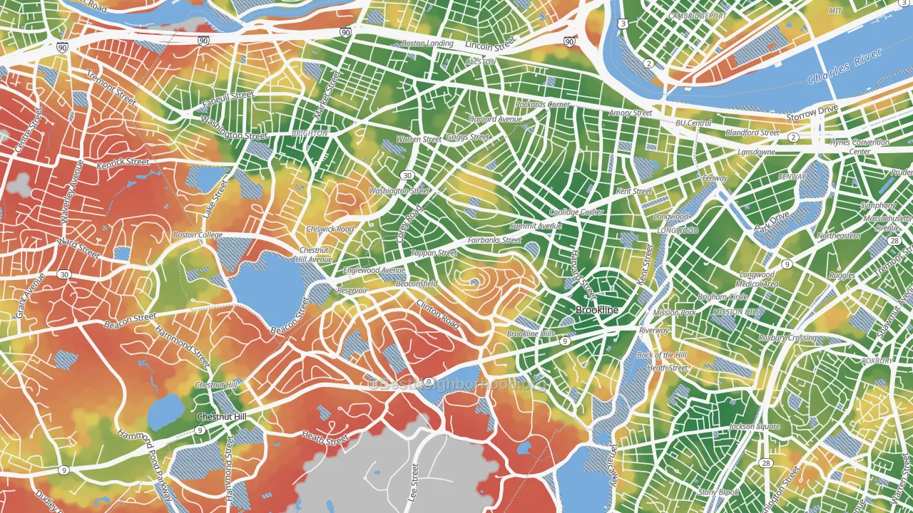 Walk Grade map of Washington Square, Brookline, MA, walkable areas in green and car-dependent areas in red