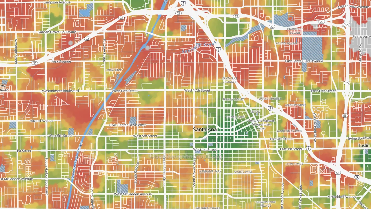 Walk Grade map of Washington Square, Santa Ana, CA, walkable areas in green and car-dependent areas in red