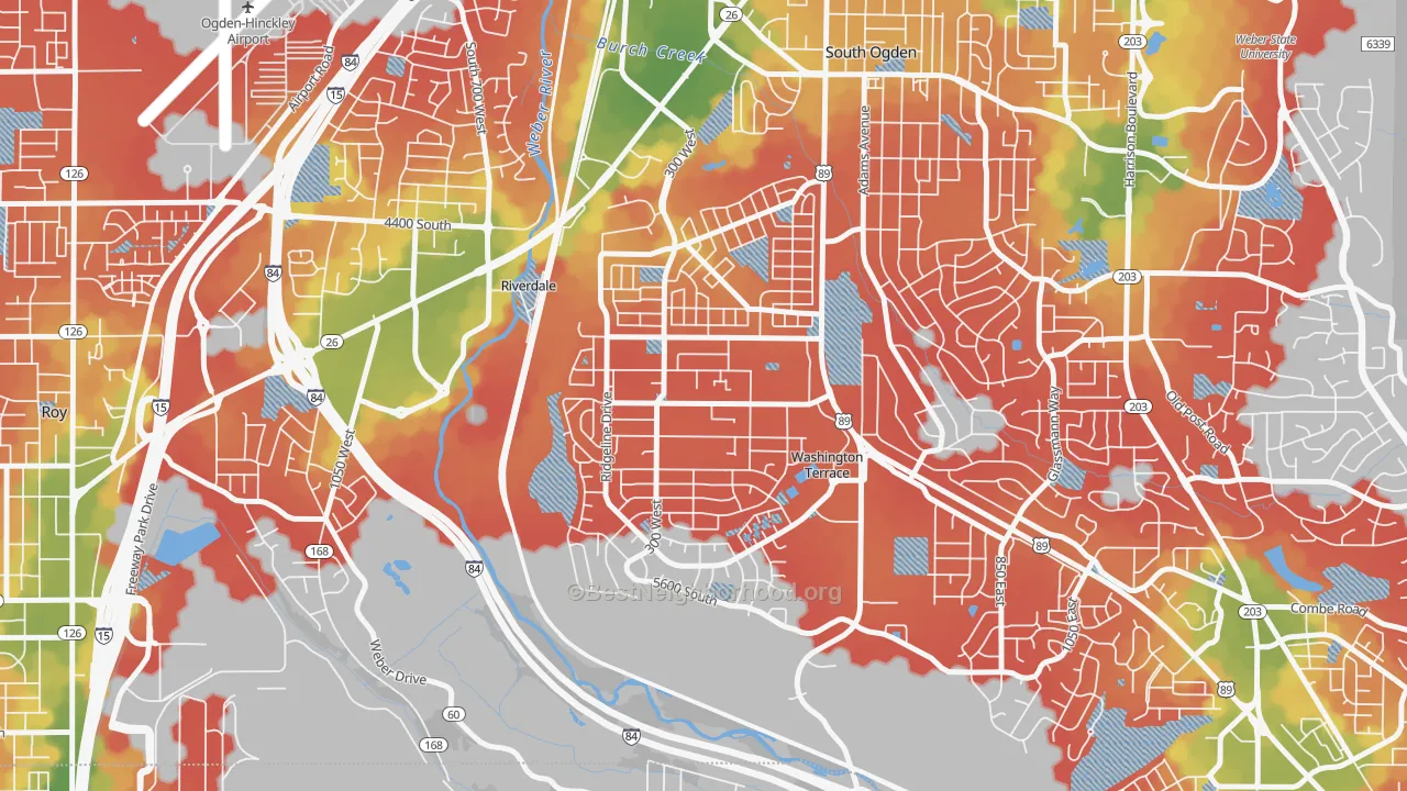 Walk Grade map of Washington Terrace, UT, walkable areas in green and car-dependent areas in red