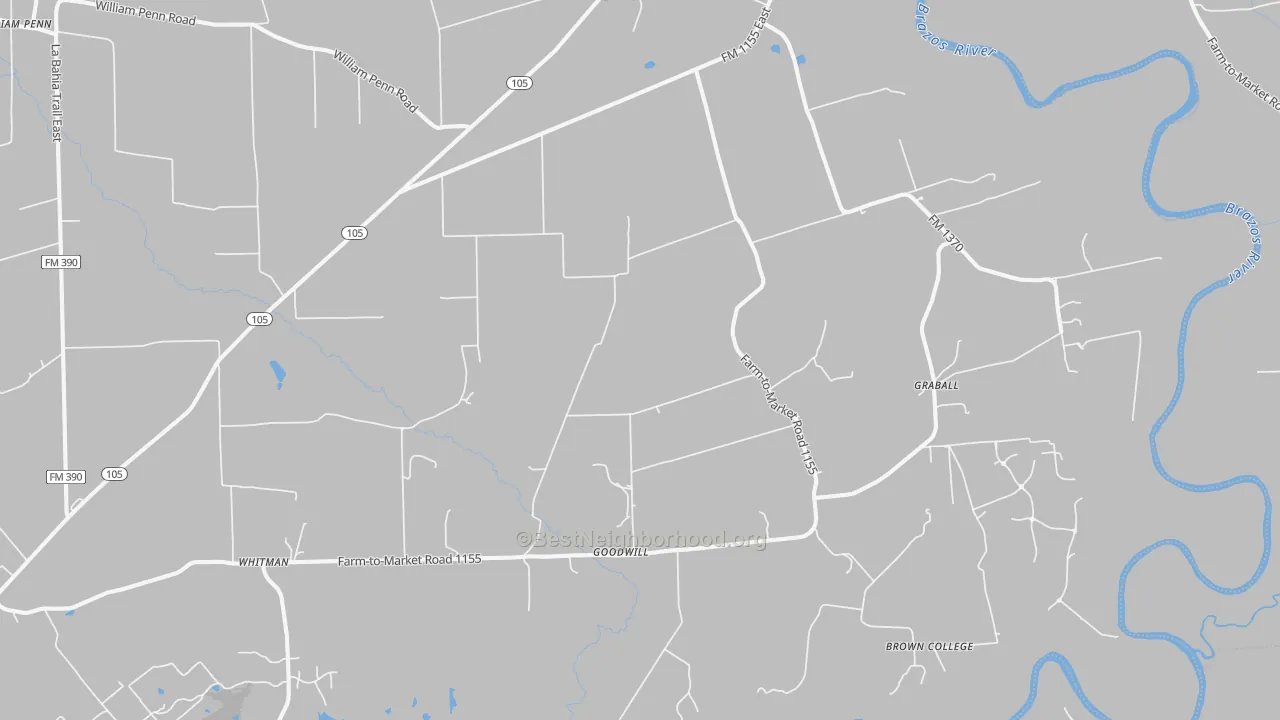 Walk Grade map of Washington, TX, walkable areas in green and car-dependent areas in red
