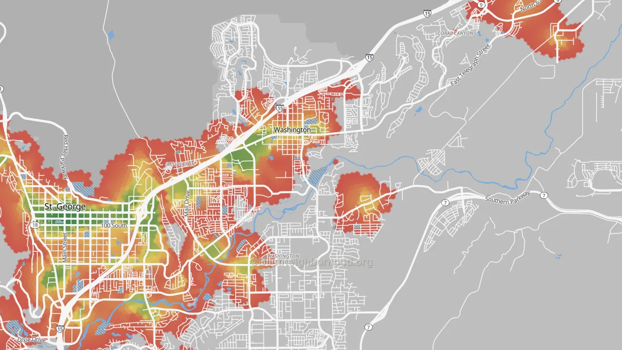 Walk Grade map of Washington, UT, walkable areas in green and car-dependent areas in red