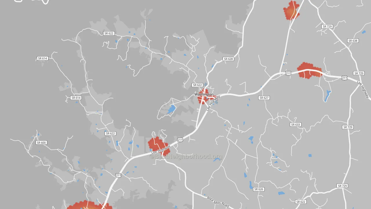 Walk Grade map of Washington, VA, walkable areas in green and car-dependent areas in red