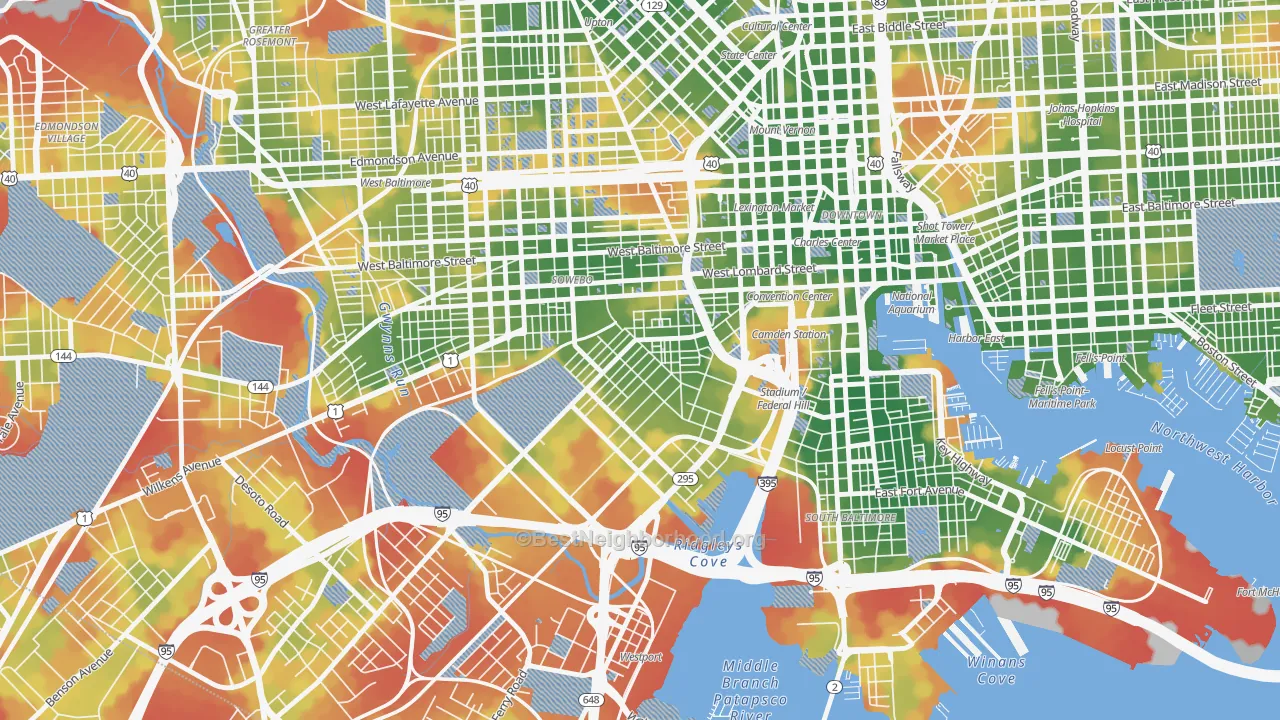 Walk Grade map of Washington Village, Baltimore, MD, walkable areas in green and car-dependent areas in red