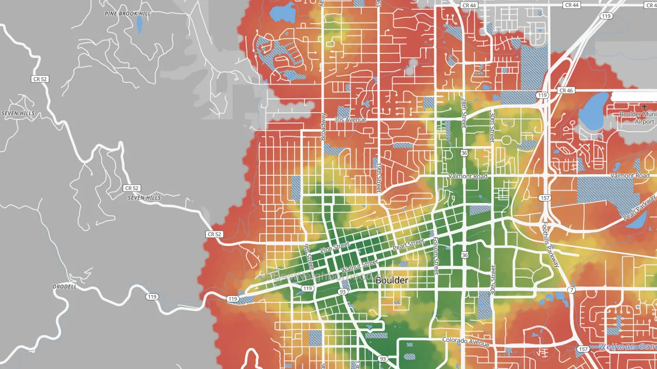 Walk Grade map of Washington Village, Boulder, CO, walkable areas in green and car-dependent areas in red