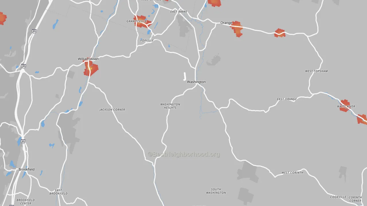 Walk Grade map of Washington, VT, walkable areas in green and car-dependent areas in red