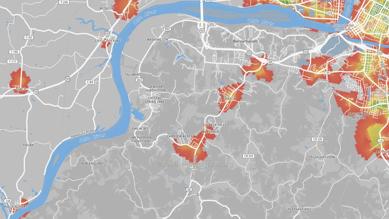 Walk Grade map of Washington, WV, walkable areas in green and car-dependent areas in red