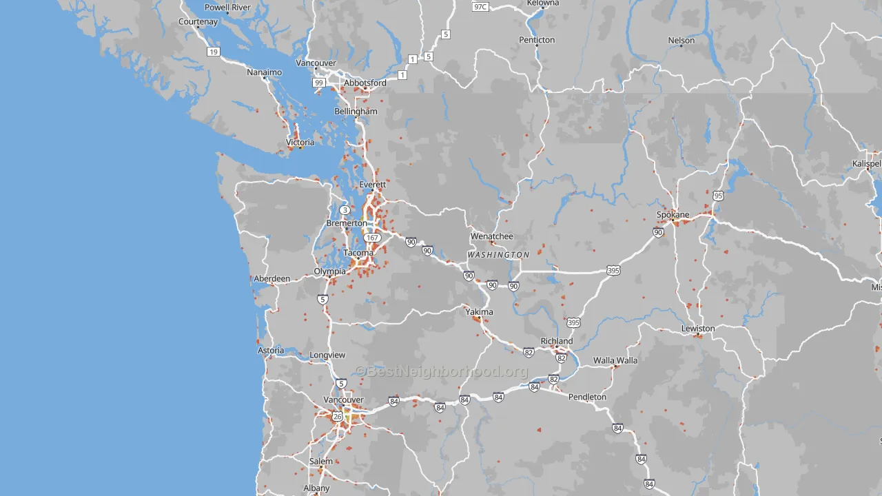 Walk Grade map of Washington, walkable areas in green and car-dependent areas in red