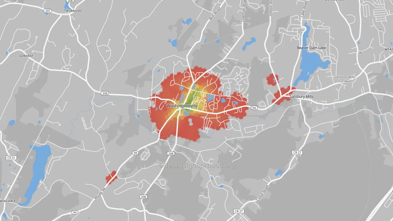 Walk Grade map of Washingtonville, NY, walkable areas in green and car-dependent areas in red