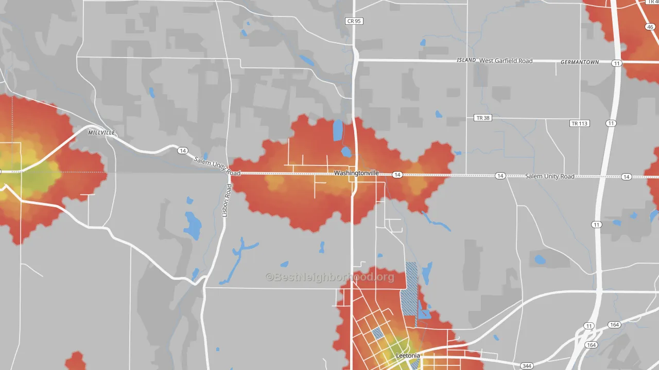 Walk Grade map of Washingtonville, OH, walkable areas in green and car-dependent areas in red