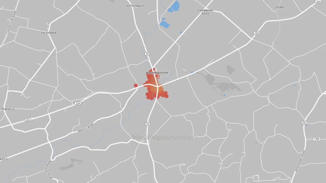 Walk Grade map of Washingtonville, PA, walkable areas in green and car-dependent areas in red
