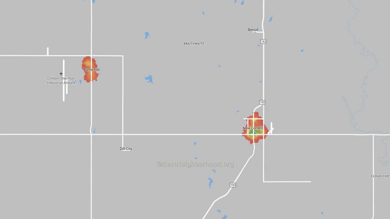 Walk Grade map of Washita County, OK, walkable areas in green and car-dependent areas in red