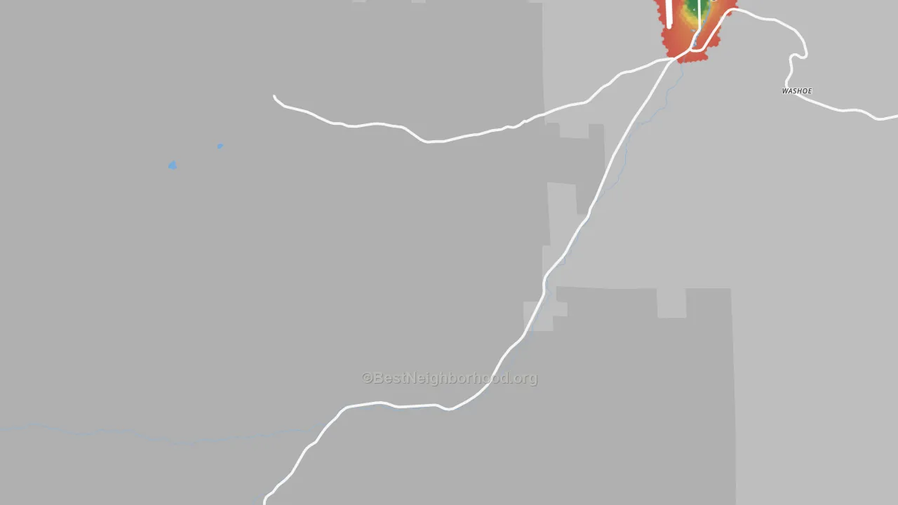 Walk Grade map of Washoe, MT, walkable areas in green and car-dependent areas in red