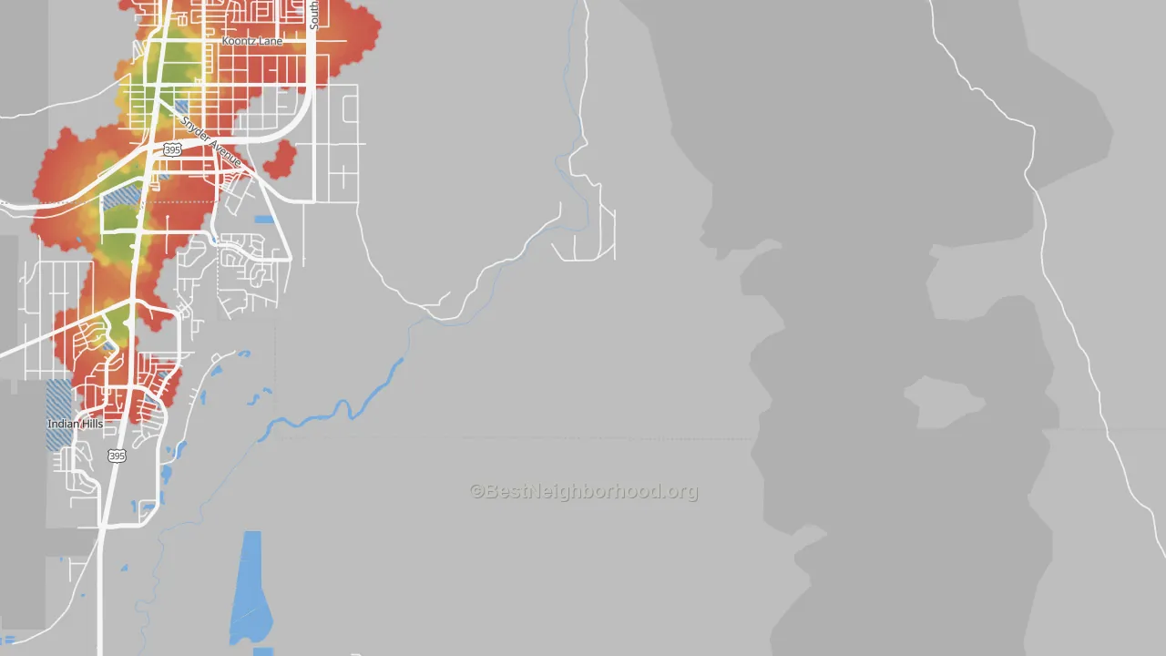 Walk Grade map of Washoe, NV, walkable areas in green and car-dependent areas in red
