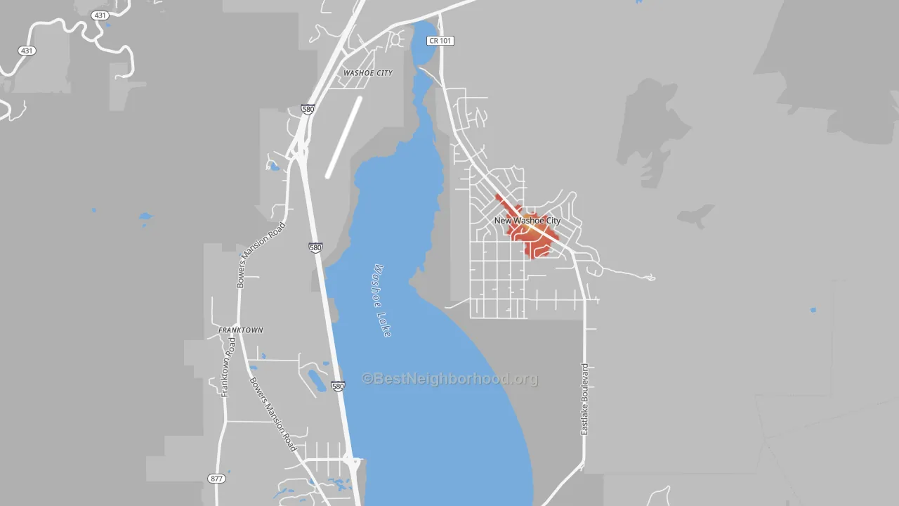 Walk Grade map of Washoe Valley, NV, walkable areas in green and car-dependent areas in red