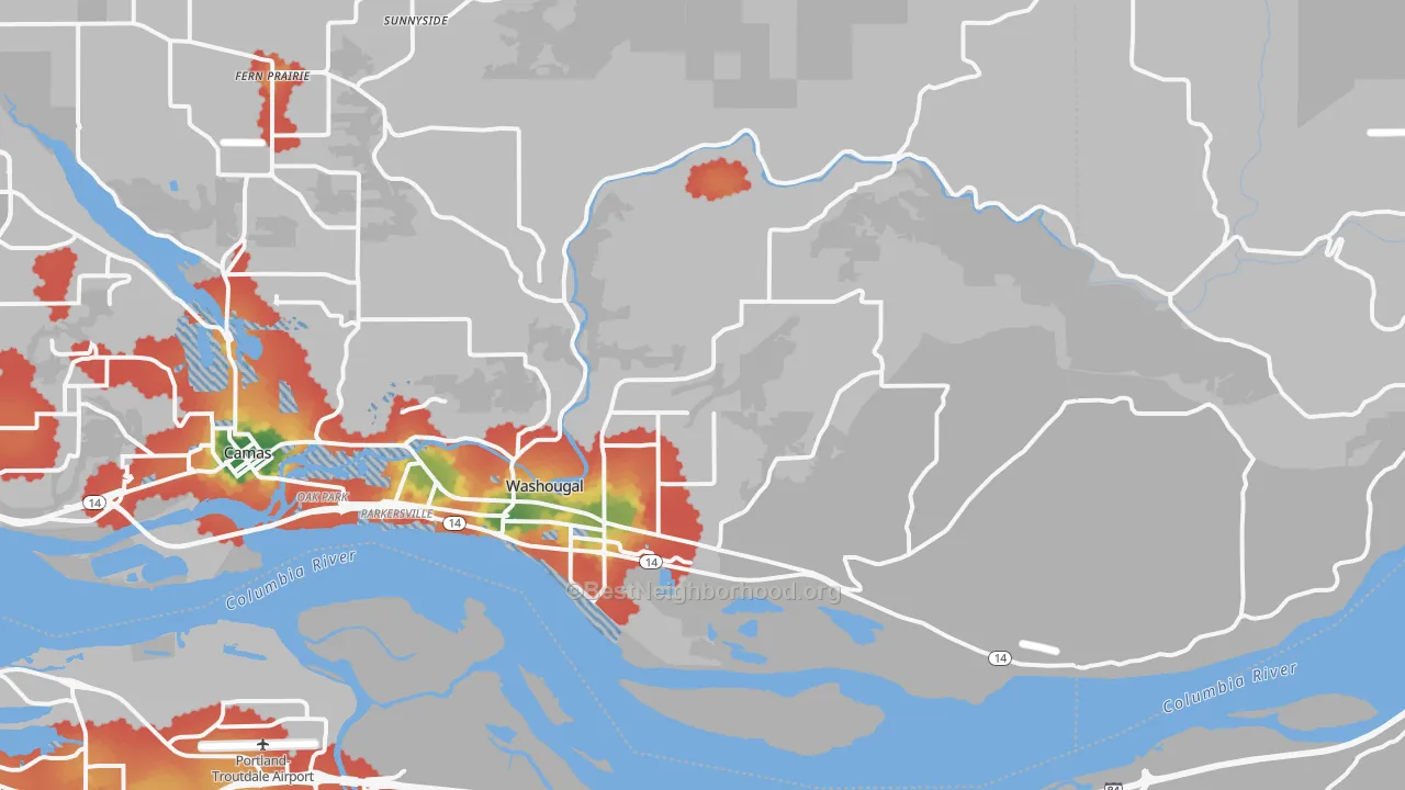 Walk Grade map of Washougal, WA, walkable areas in green and car-dependent areas in red