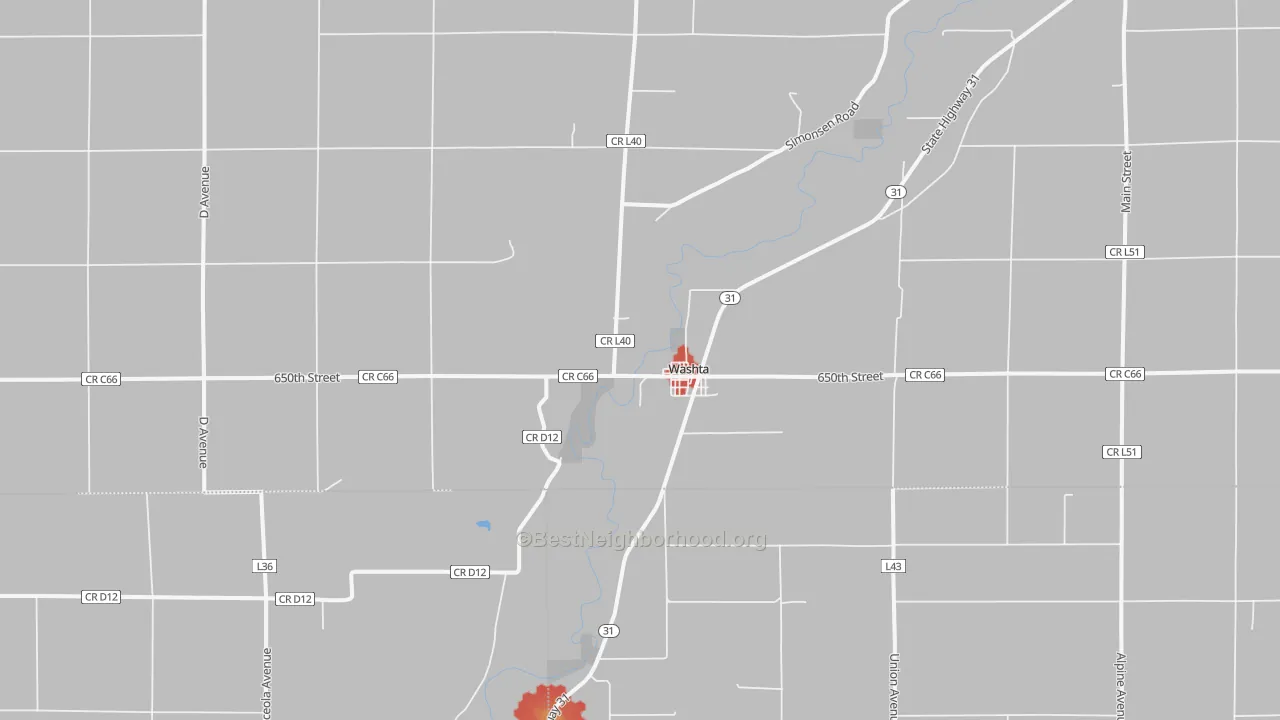 Walk Grade map of Washta, IA, walkable areas in green and car-dependent areas in red