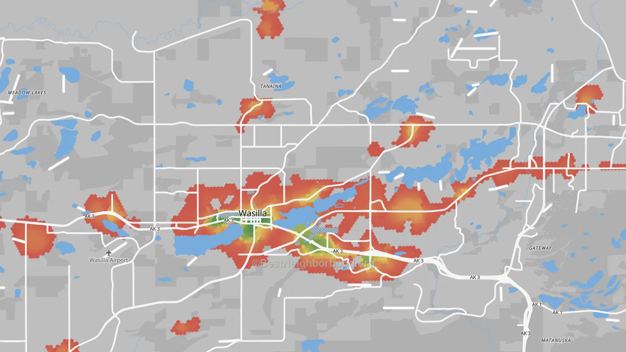 Walk Grade map of Wasilla, AK, walkable areas in green and car-dependent areas in red