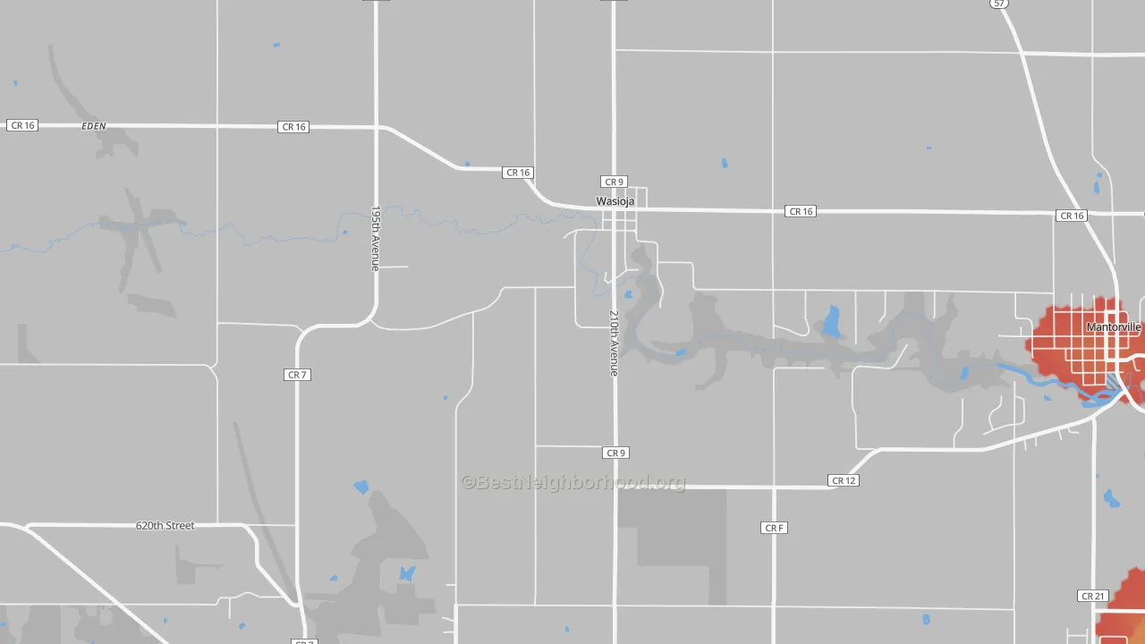 Walk Grade map of Wasioja, MN, walkable areas in green and car-dependent areas in red