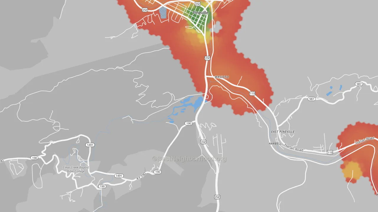 Walk Grade map of Wasioto, KY, walkable areas in green and car-dependent areas in red