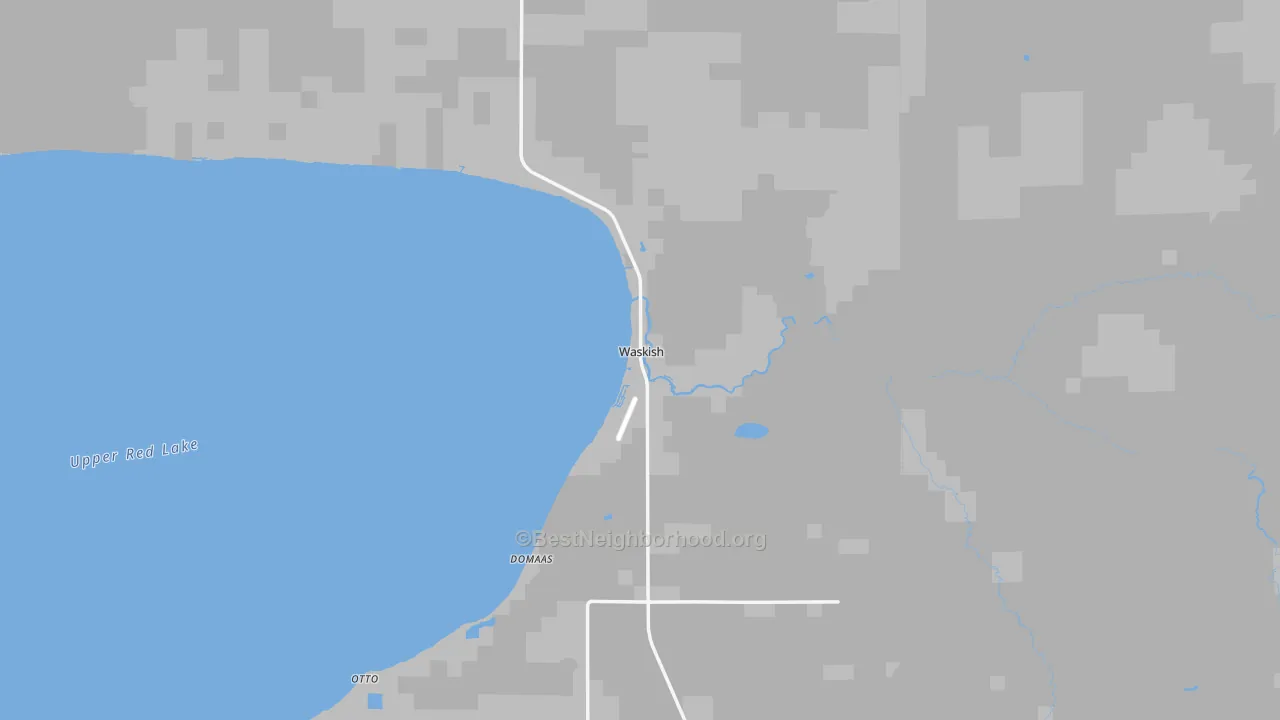 Walk Grade map of Waskish, MN, walkable areas in green and car-dependent areas in red