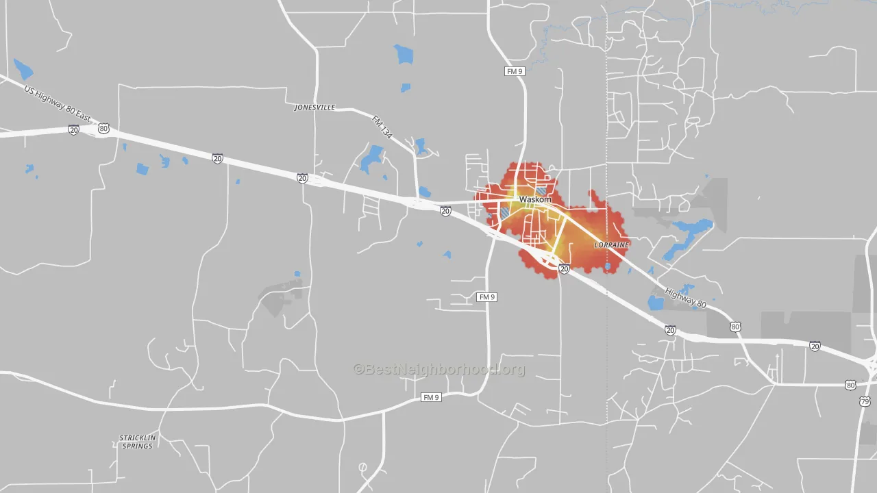Walk Grade map of Waskom, TX, walkable areas in green and car-dependent areas in red
