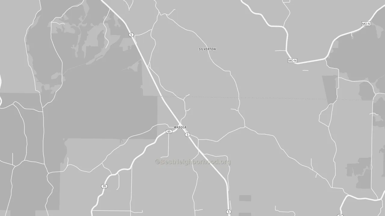 Walk Grade map of Wasola, MO, walkable areas in green and car-dependent areas in red