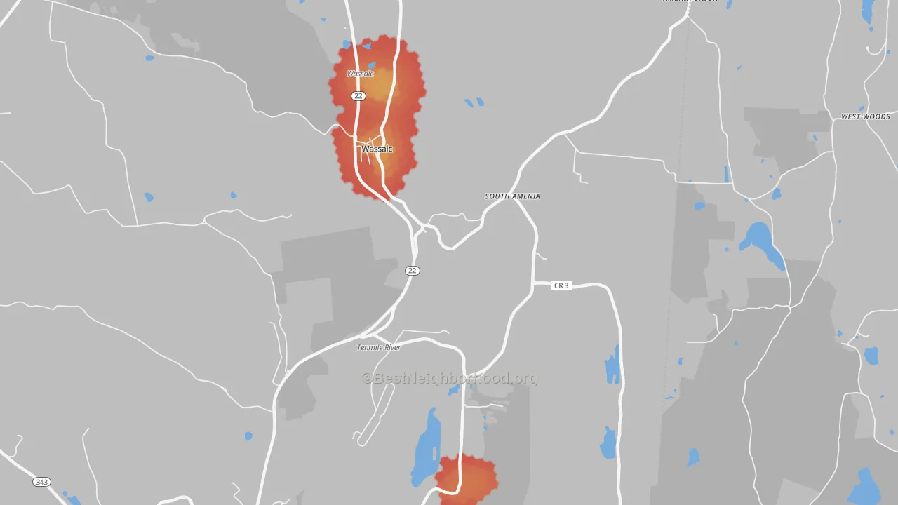 Walk Grade map of Wassaic, NY, walkable areas in green and car-dependent areas in red