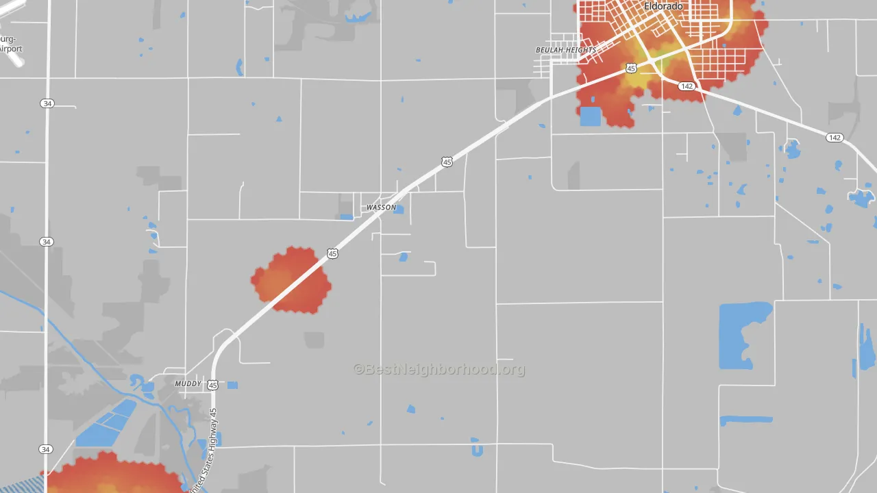 Walk Grade map of Wasson, IL, walkable areas in green and car-dependent areas in red