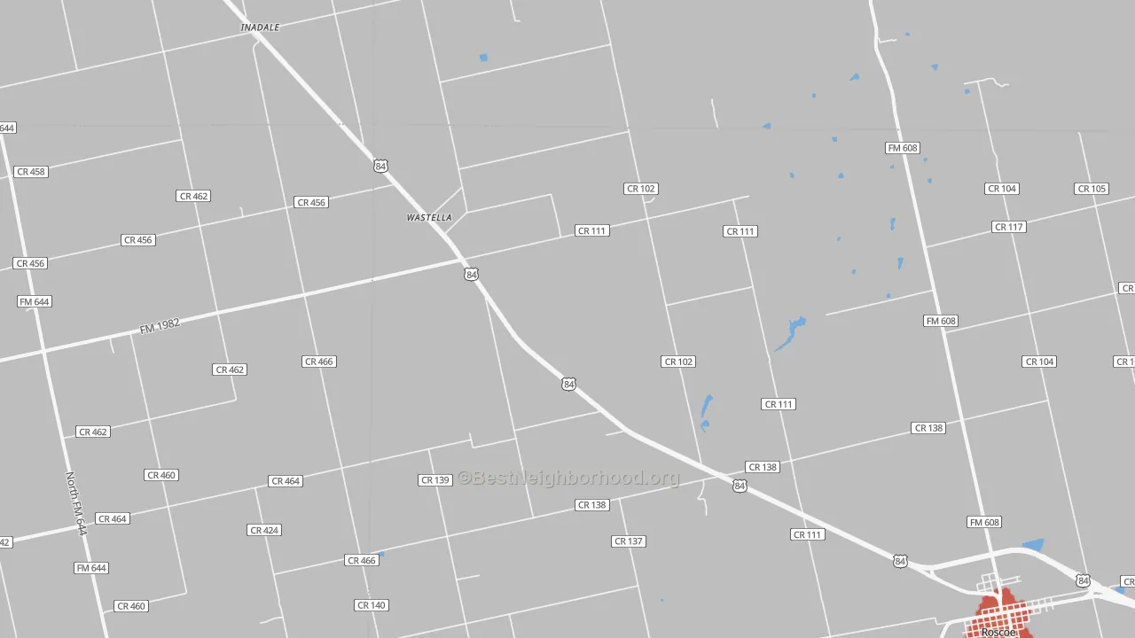 Walk Grade map of Wastella, TX, walkable areas in green and car-dependent areas in red