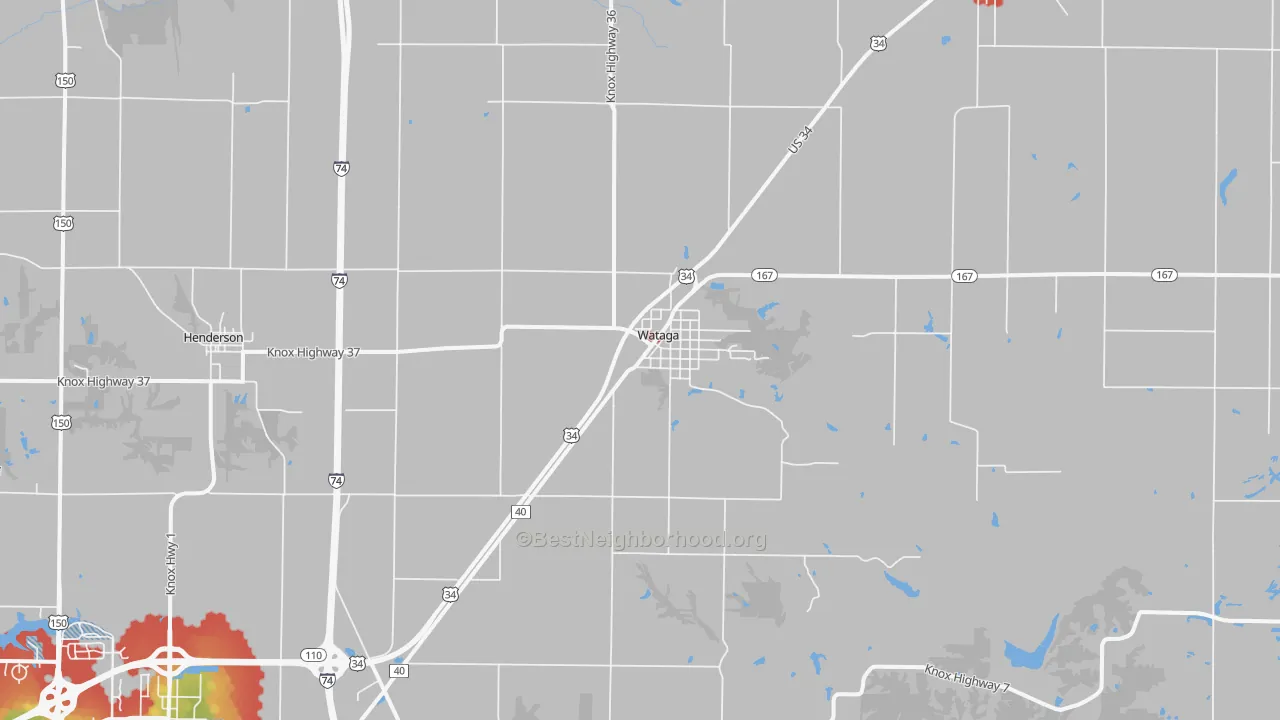 Walk Grade map of Wataga, IL, walkable areas in green and car-dependent areas in red
