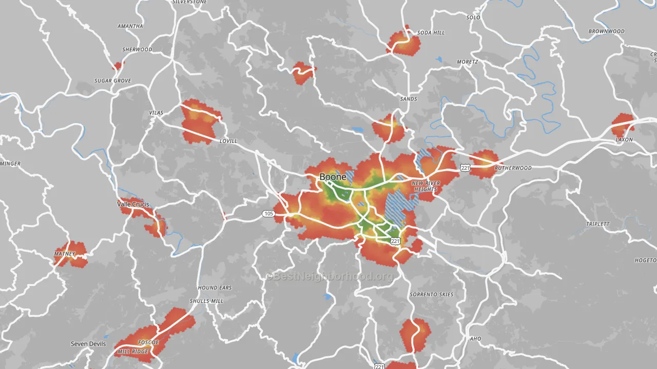 Walk Grade map of Watauga County, NC, walkable areas in green and car-dependent areas in red