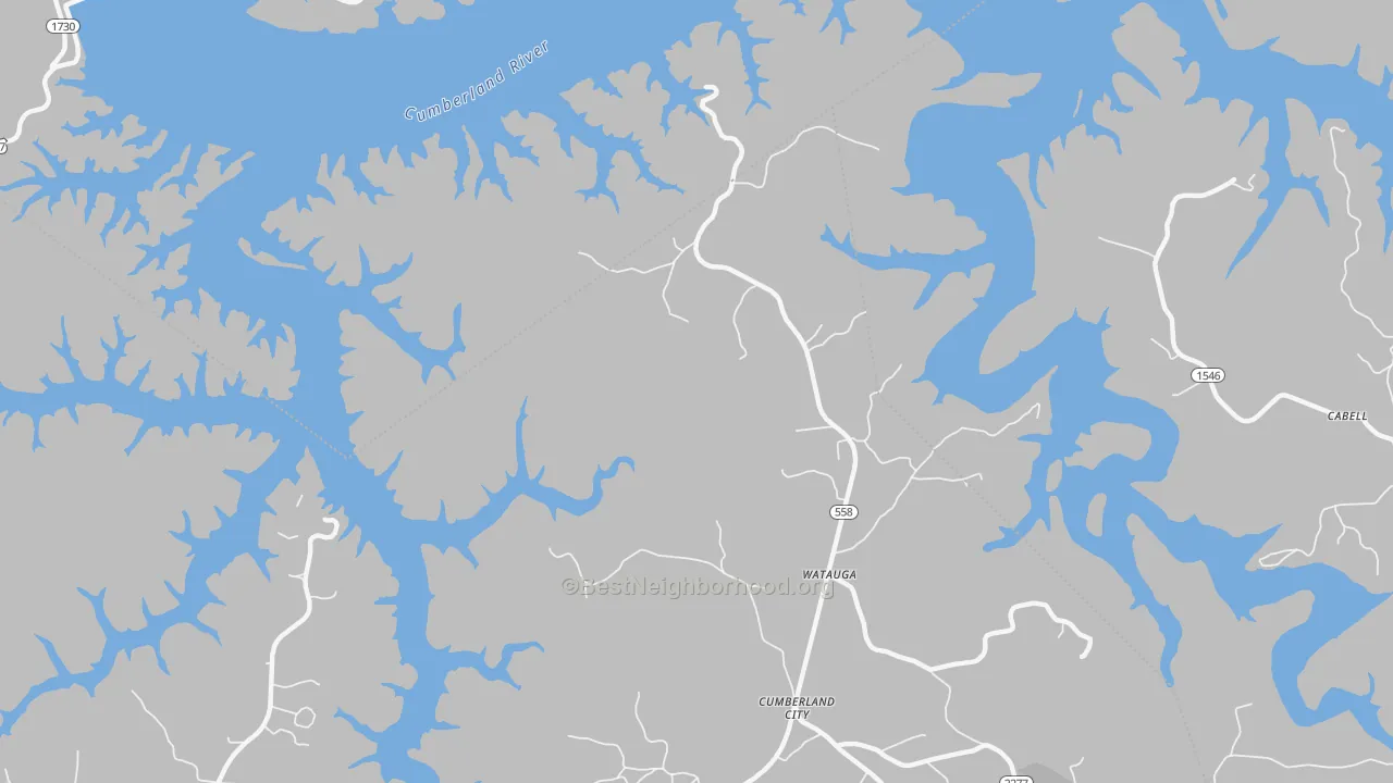 Walk Grade map of Watauga, KY, walkable areas in green and car-dependent areas in red