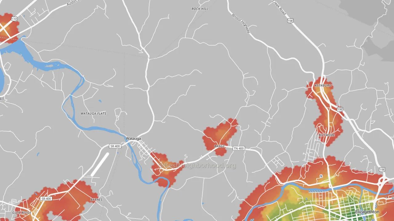 Walk Grade map of Watauga, TN, walkable areas in green and car-dependent areas in red