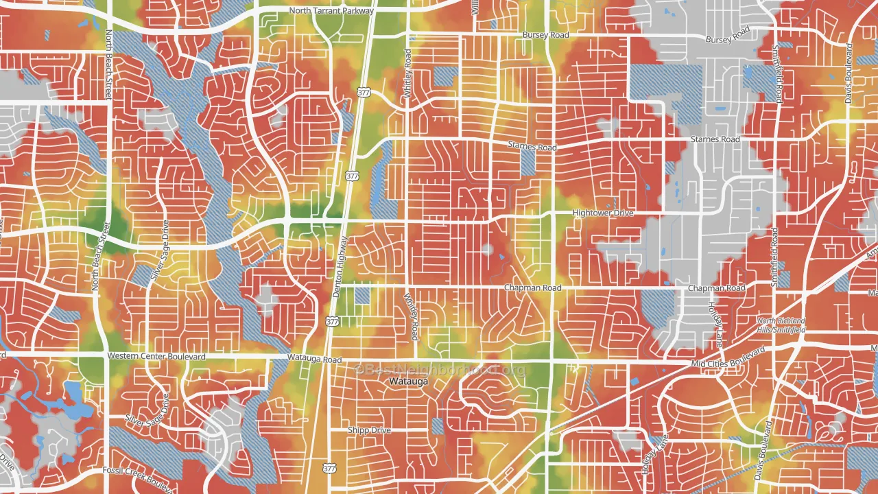 Walk Grade map of Watauga, TX, walkable areas in green and car-dependent areas in red