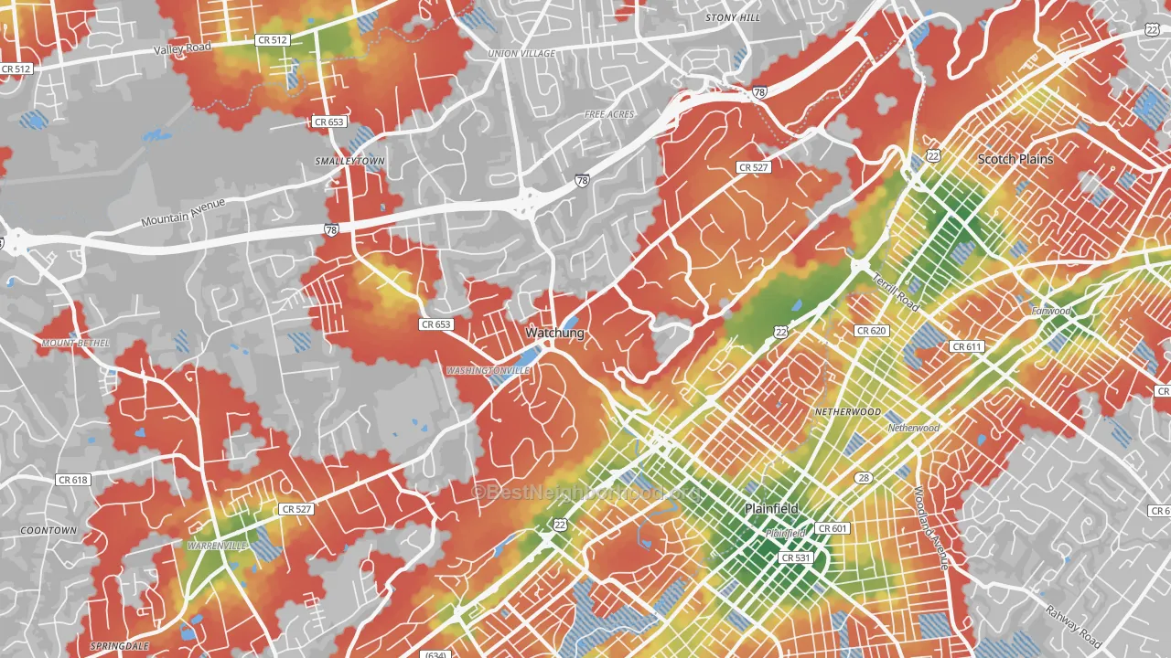 Walk Grade map of Watchung, NJ, walkable areas in green and car-dependent areas in red
