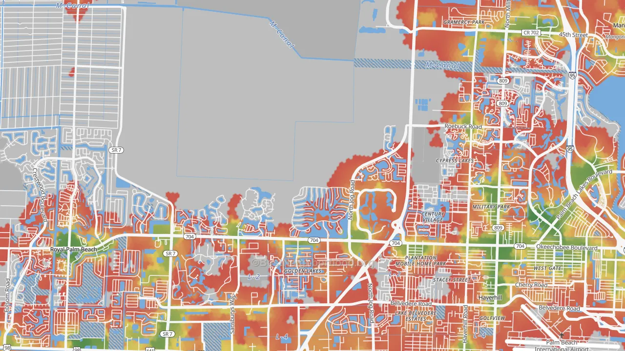 Walk Grade map of Water Catchment Area, West Palm Beach, FL, walkable areas in green and car-dependent areas in red