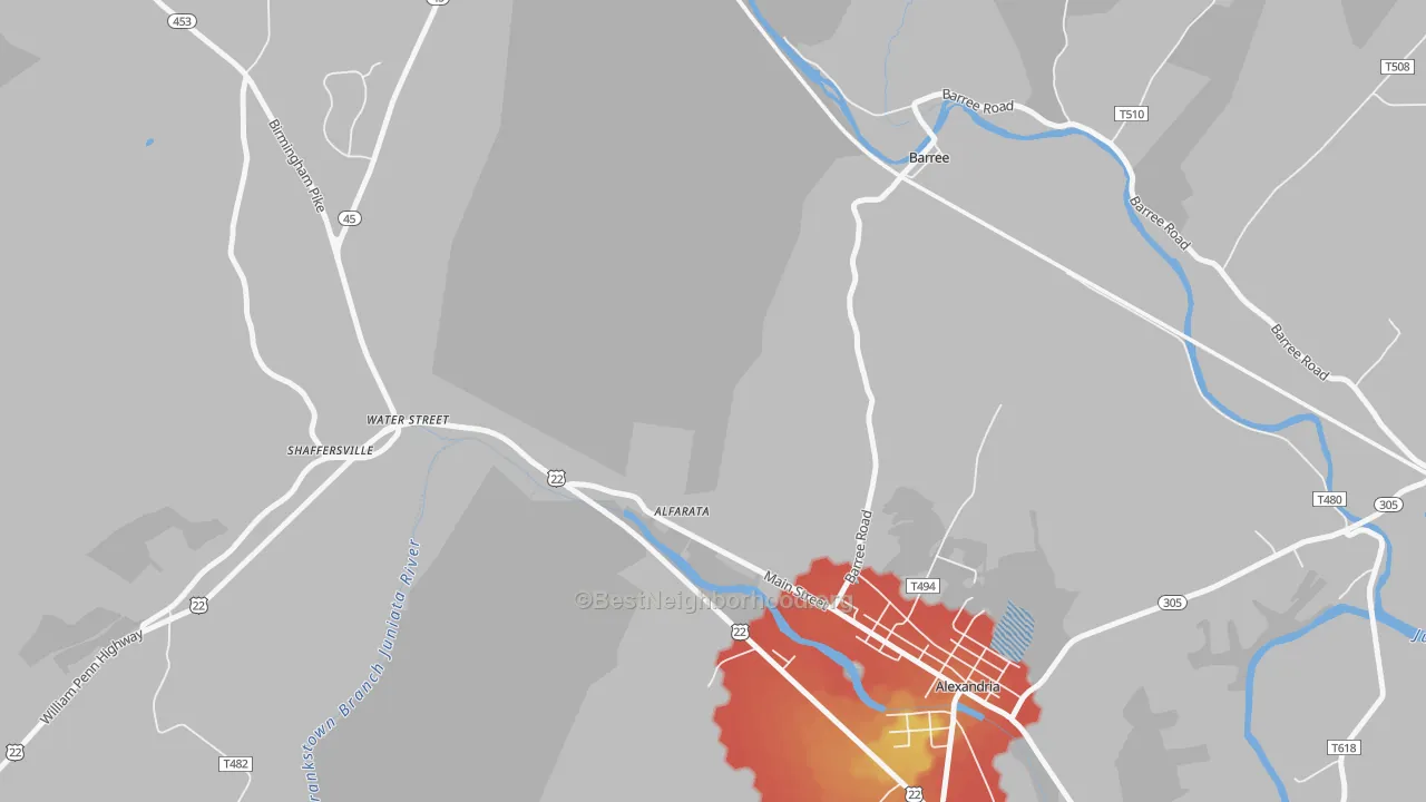 Walk Grade map of Water Street, PA, walkable areas in green and car-dependent areas in red