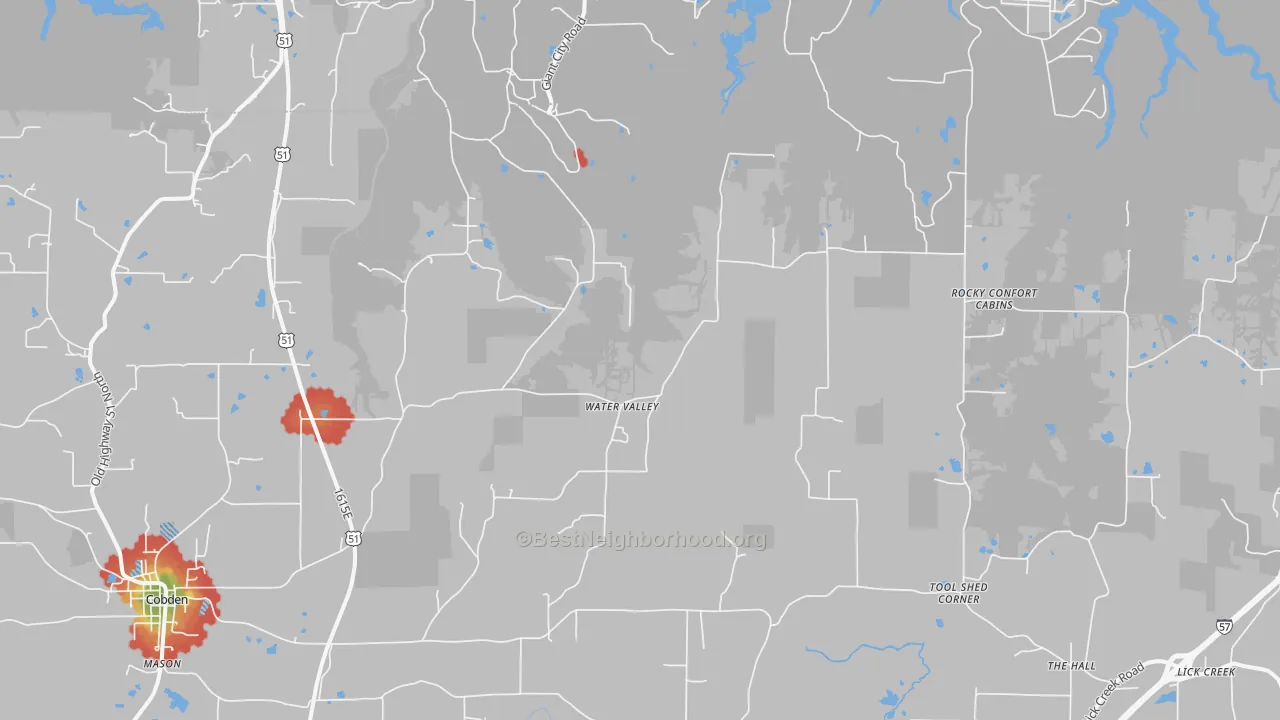 Walk Grade map of Water Valley, IL, walkable areas in green and car-dependent areas in red