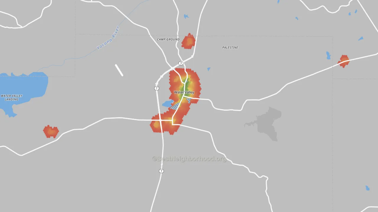 Walk Grade map of Water Valley, MS, walkable areas in green and car-dependent areas in red
