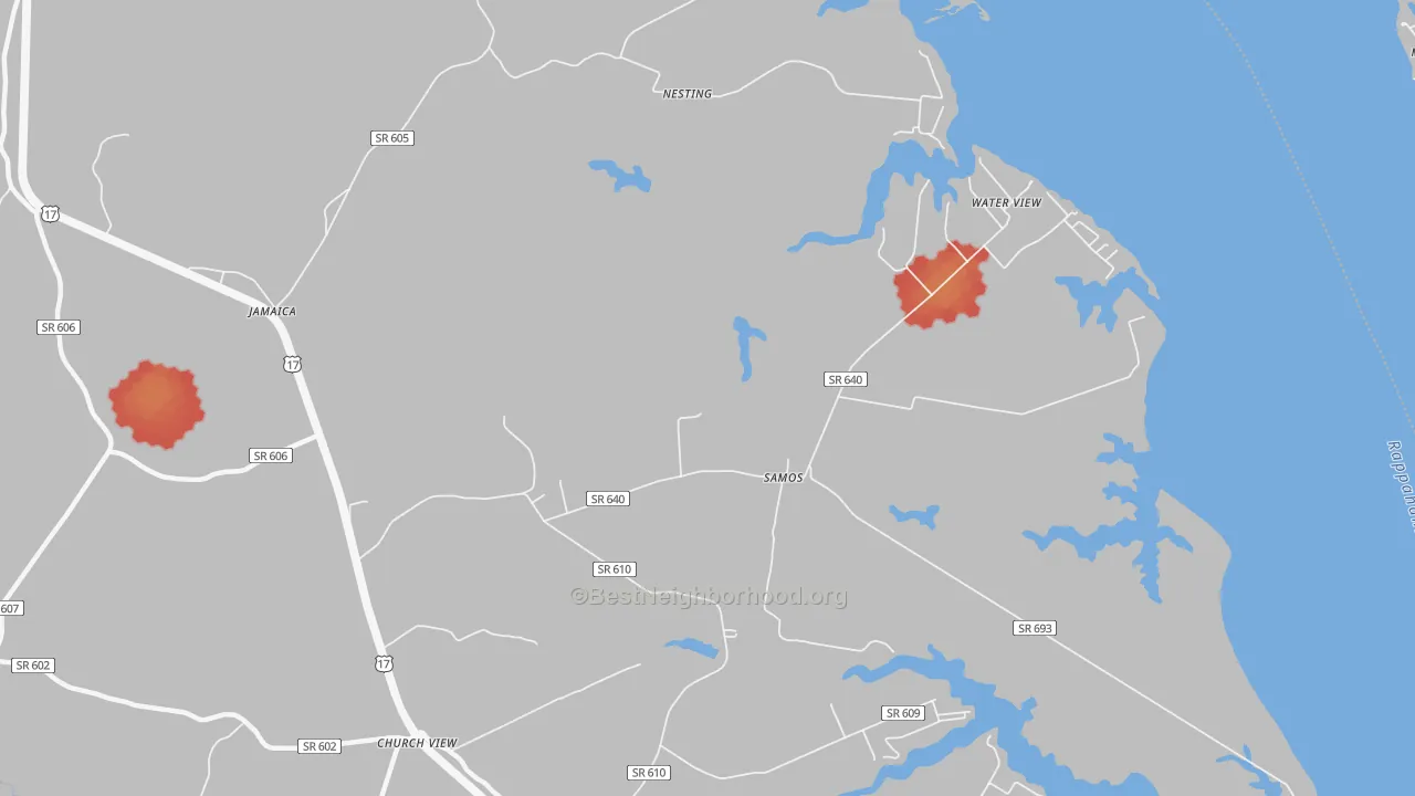 Walk Grade map of Water View, VA, walkable areas in green and car-dependent areas in red