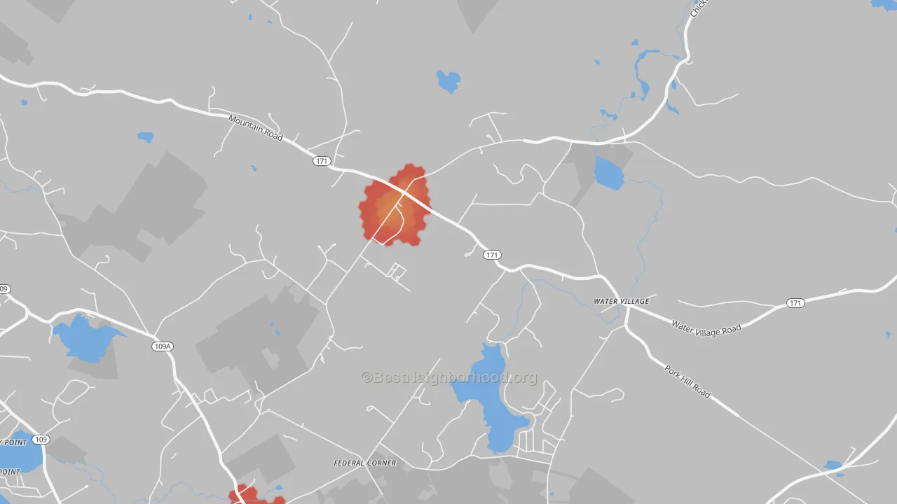 Walk Grade map of Water Village, NH, walkable areas in green and car-dependent areas in red