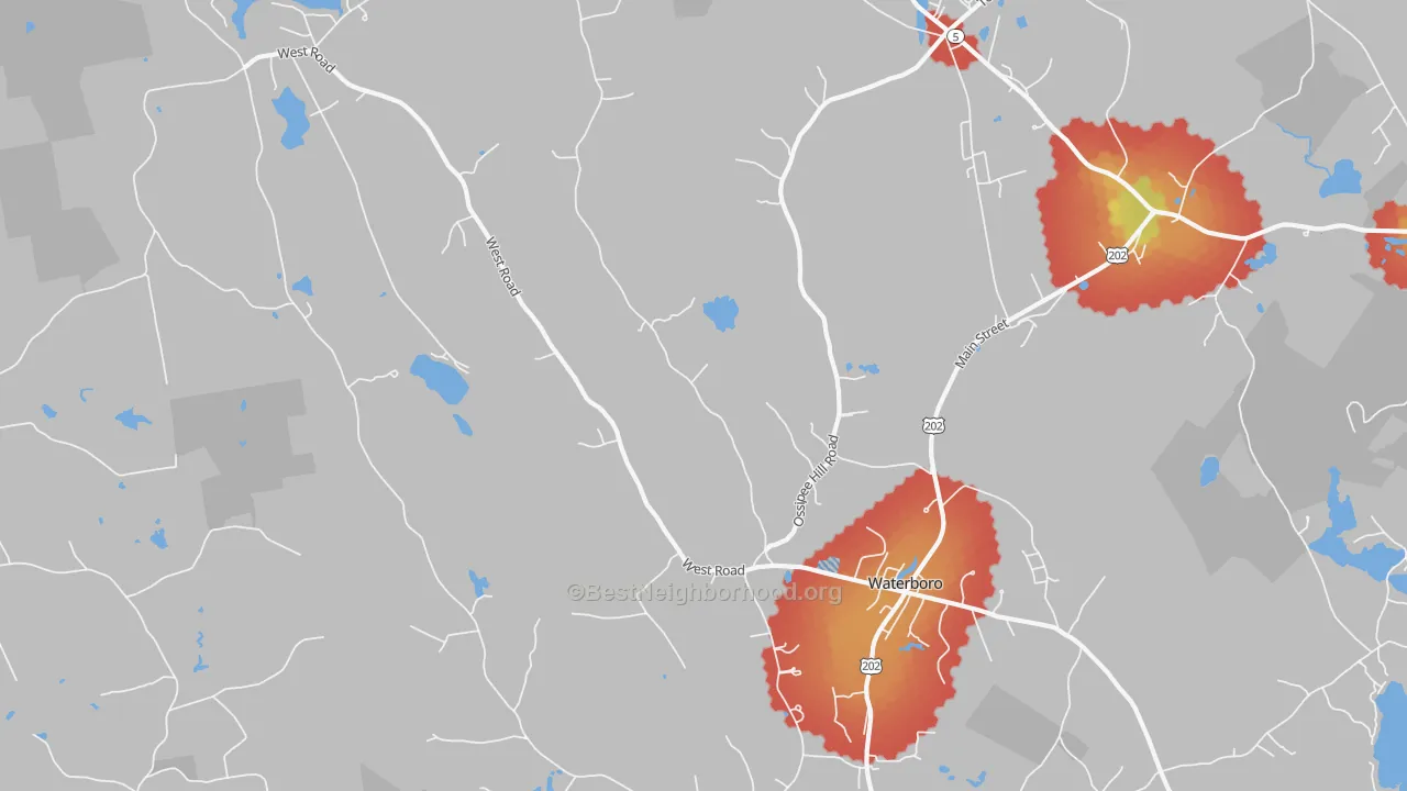 Walk Grade map of Waterboro, ME, walkable areas in green and car-dependent areas in red